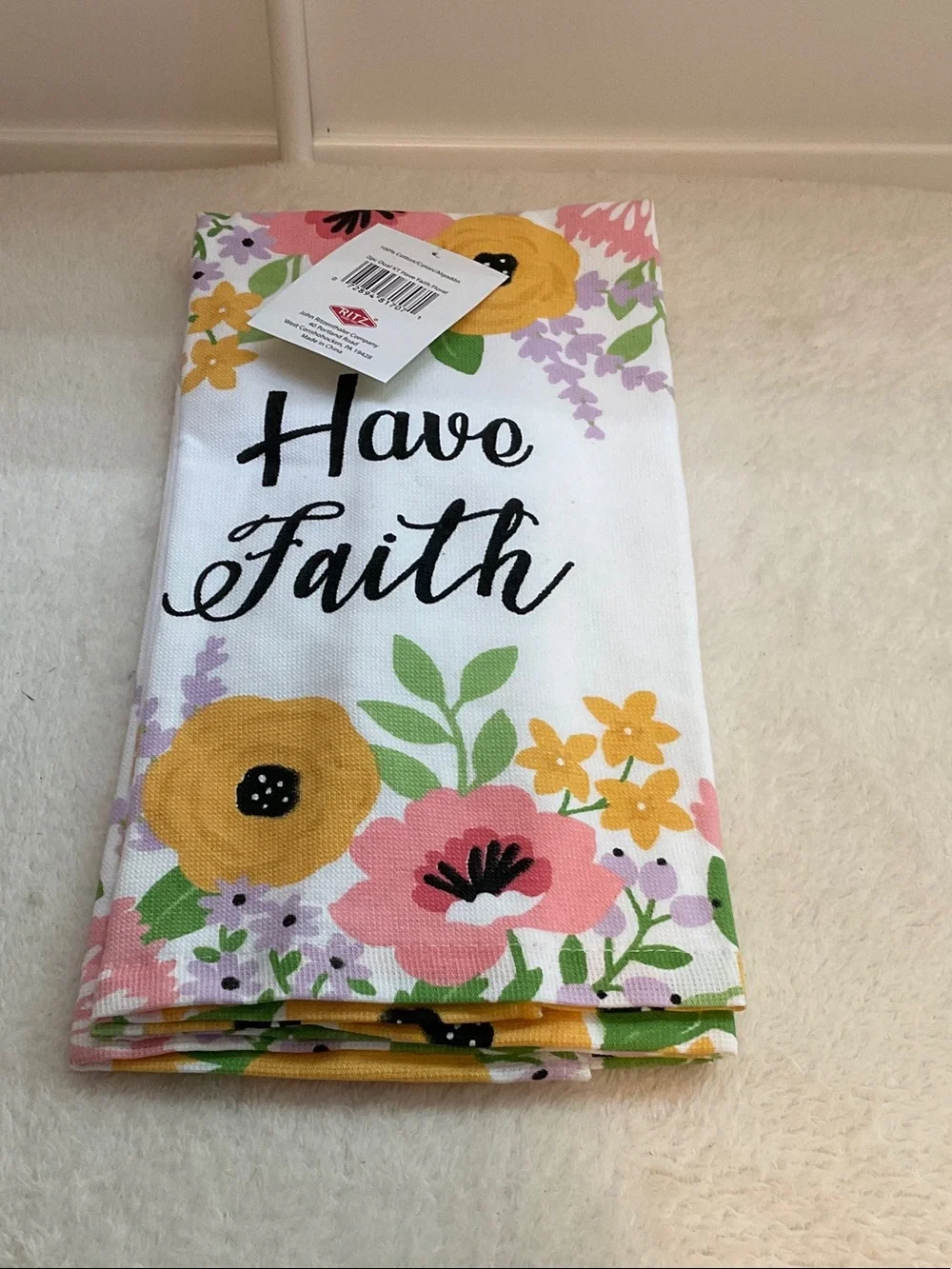 Have Faith Floral Hand Towel - White with Pink & Yellow Flowers